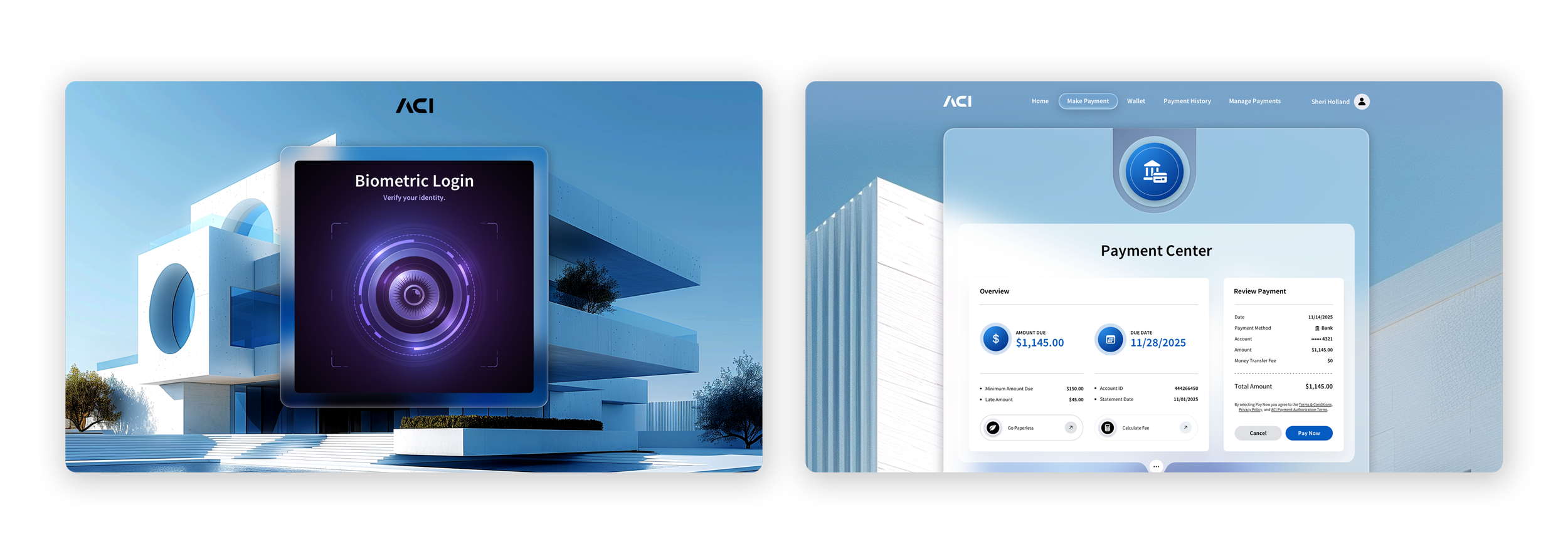 Dark-mode biometric login and ACI Payment Center interface designed by The Skins Factory for ACI Worldwide
