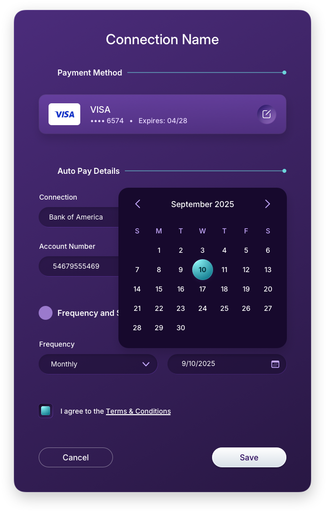 Fintech UI/UX Design - AutoPay - Schedule Date Calendar Dropdown Panel - Web App by The Skins Factory