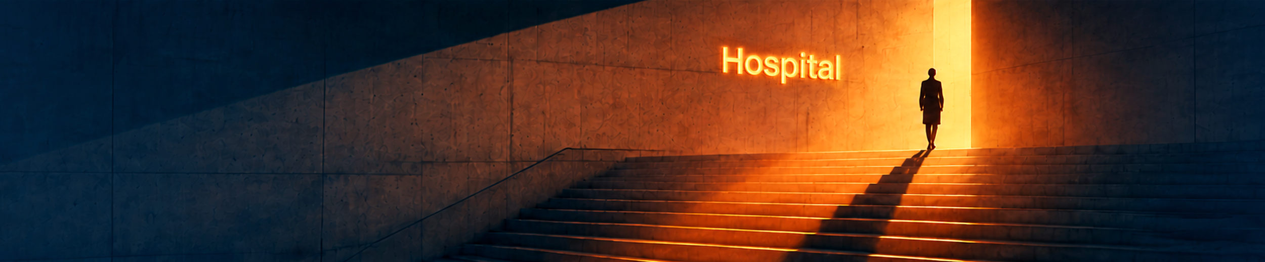 How do you design healthcare software for multiple user roles? A shadowed healthcare professional stands outside a brutalist hospital entrance illuminated by warm orange light