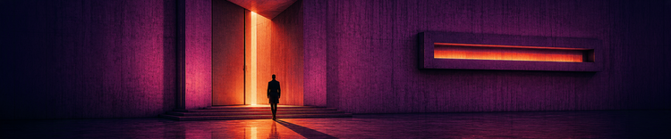 Purple architectural corridor with an orange illuminated opening and lone figure