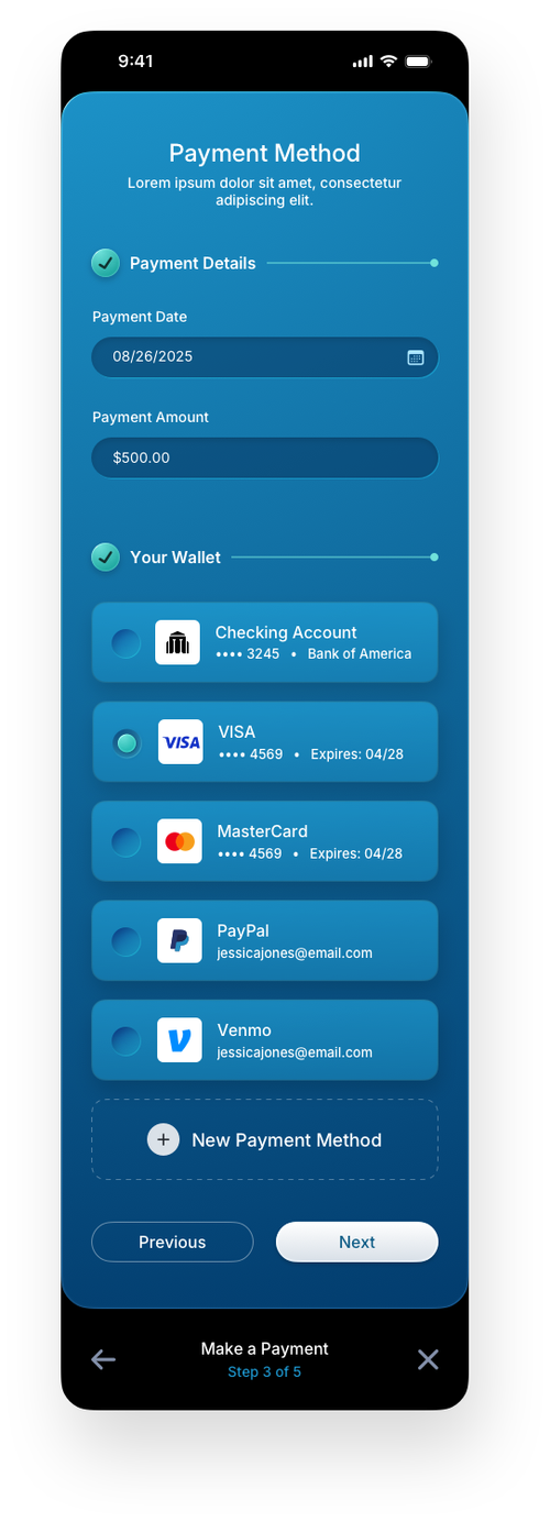 Fintech Mobile UI/UX Design - Step 3 Wallet Selection - Web App by The Skins Factory
