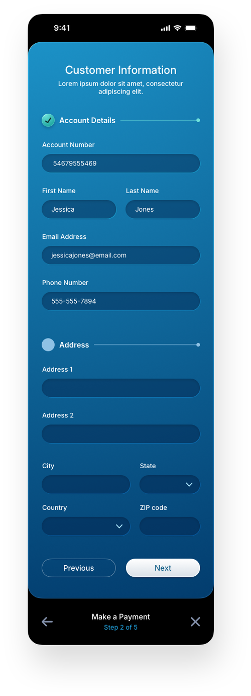 Fintech Mobile UI/UX Design - Step 2 Customer Info - Web App by The Skins Factory