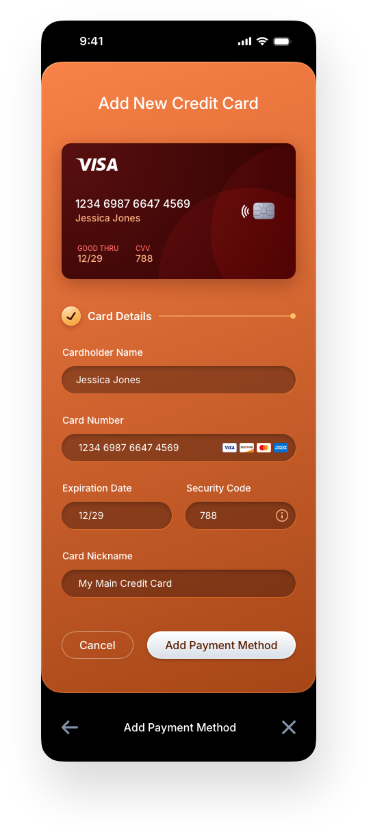 Fintech Mobile UI/UX Design - Wallet Add Credit Card Filled Out - Web App by The Skins Factory
