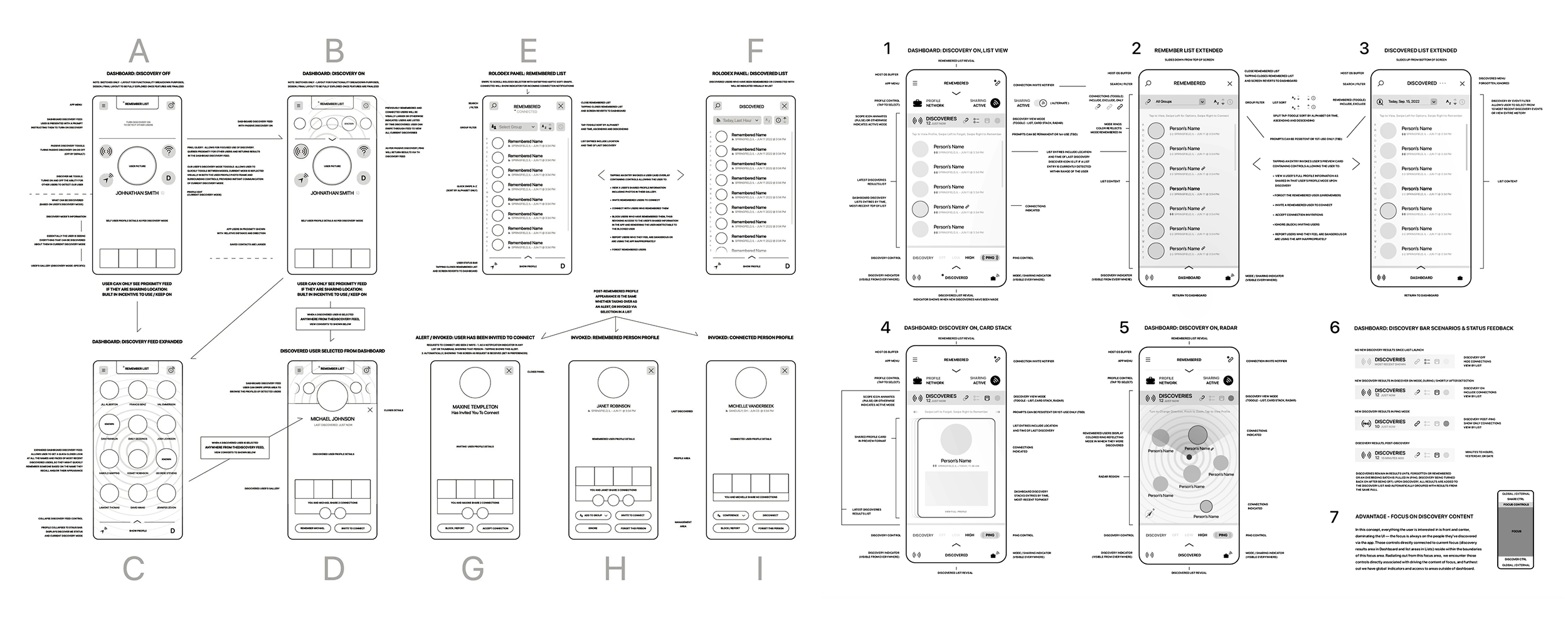 Wireframe screens for the Recognize Me social discovery mobile app