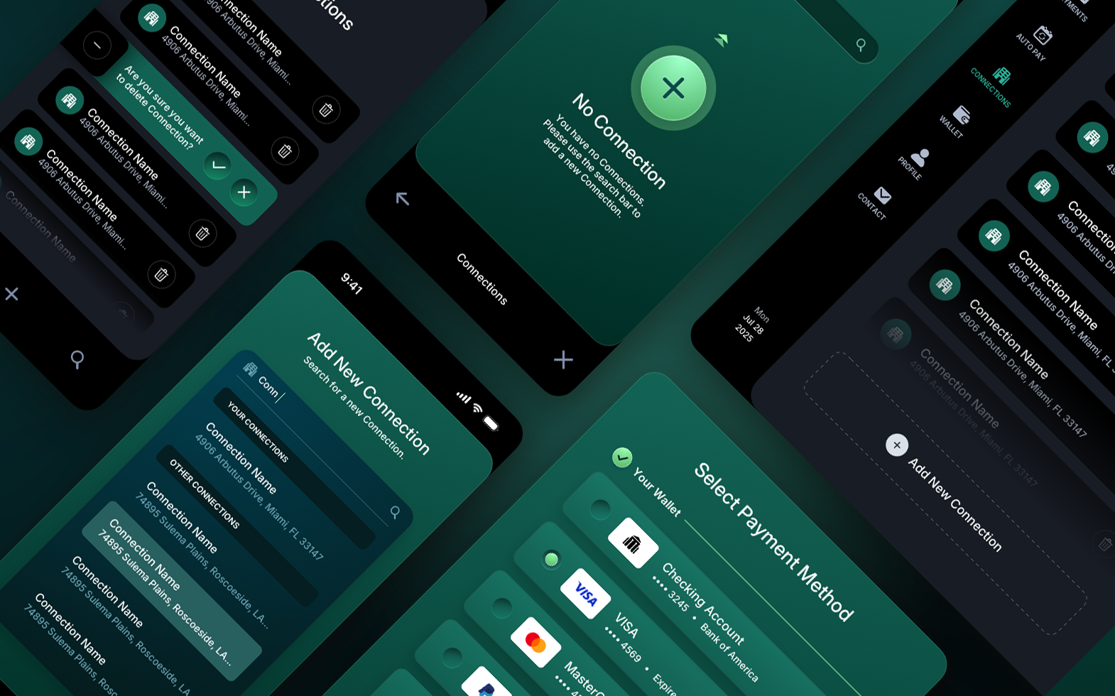 ACI Pay consumer payments platform dark mode UI design in deep forest green colorway