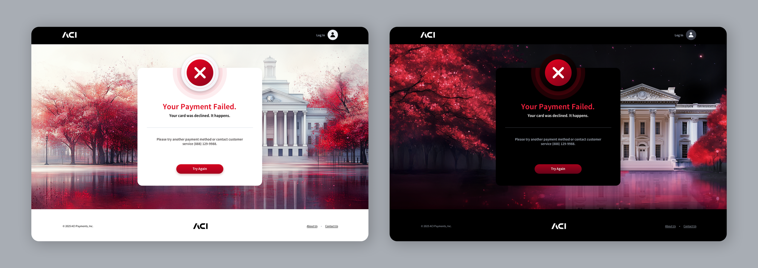 ACI Worldwide Biller App payment failure screens in light mode and dark mode designed by The Skins Factory