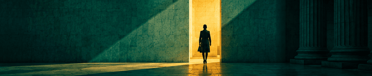 Silhouetted figure approaching a golden doorway in green stone architecture