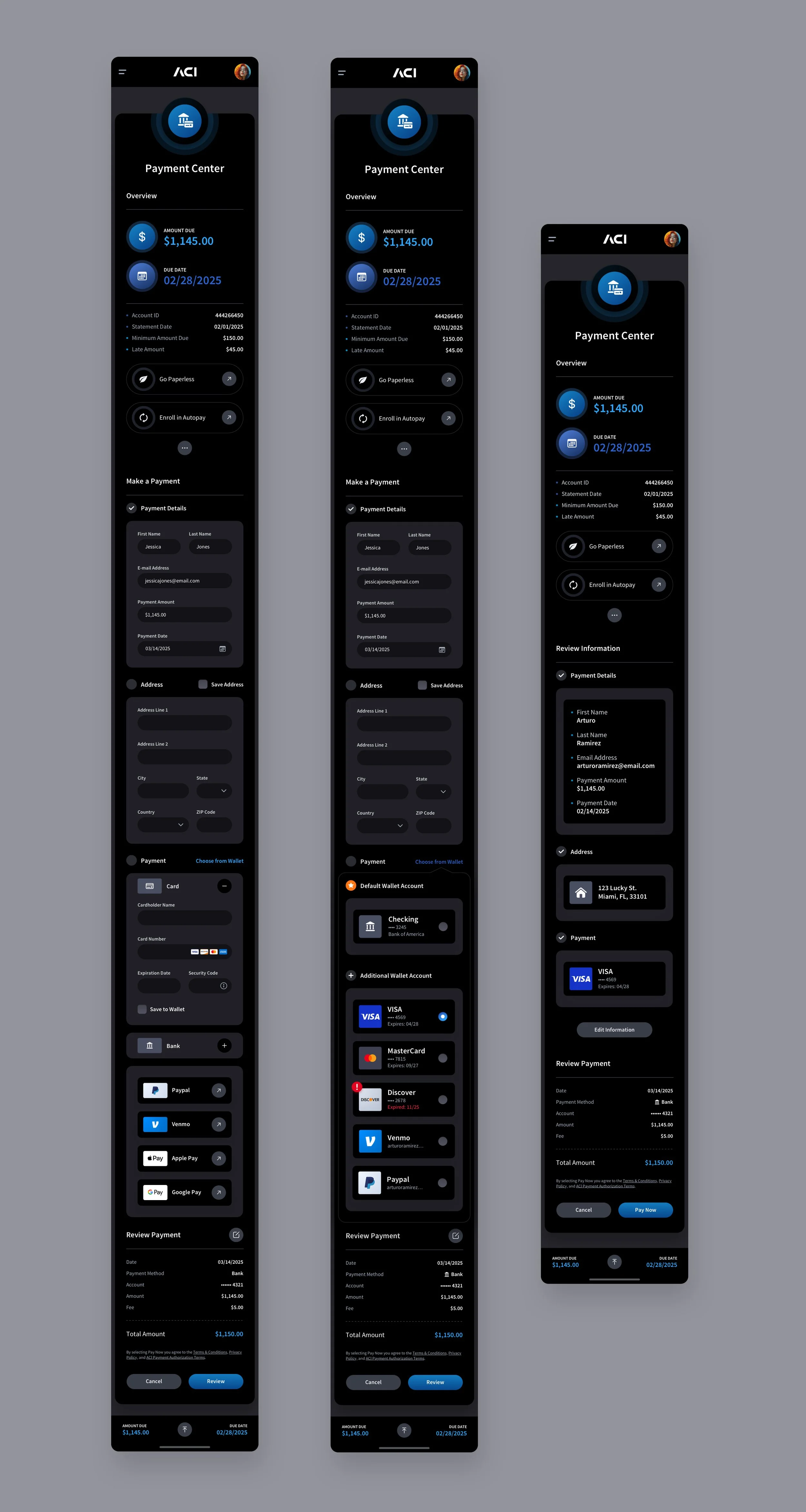 Fintech Biller Mobile App UI IX Design - Navigation & Make a Payment Screens Dark Mode