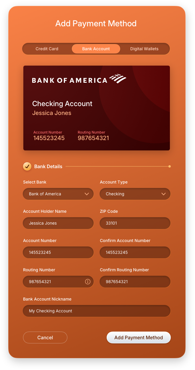 Fintech UI/UX Design - Wallet - Add Bank Account - Filled Out - Web App by The Skins Factory