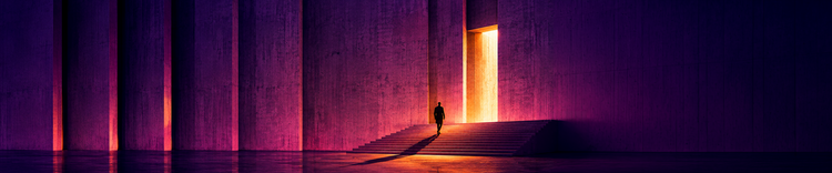 Magenta architecture, illuminated doorway and figure ascending broad steps