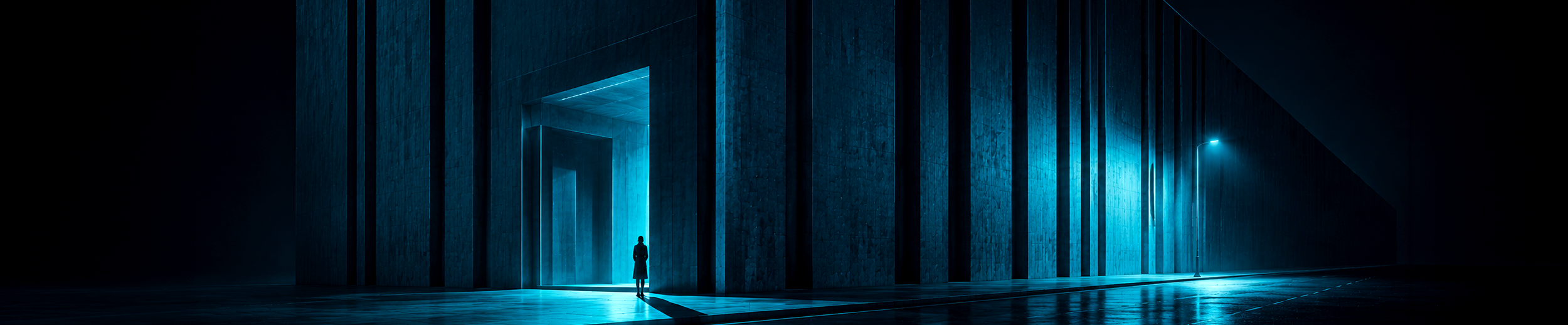 How do you modernize legacy software without disrupting existing users? A lone figure stands in cyan light outside a monumental brutalist office building