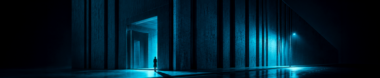 Lone figure standing beneath a cyan-lit doorway in a vast brutalist enterprise building