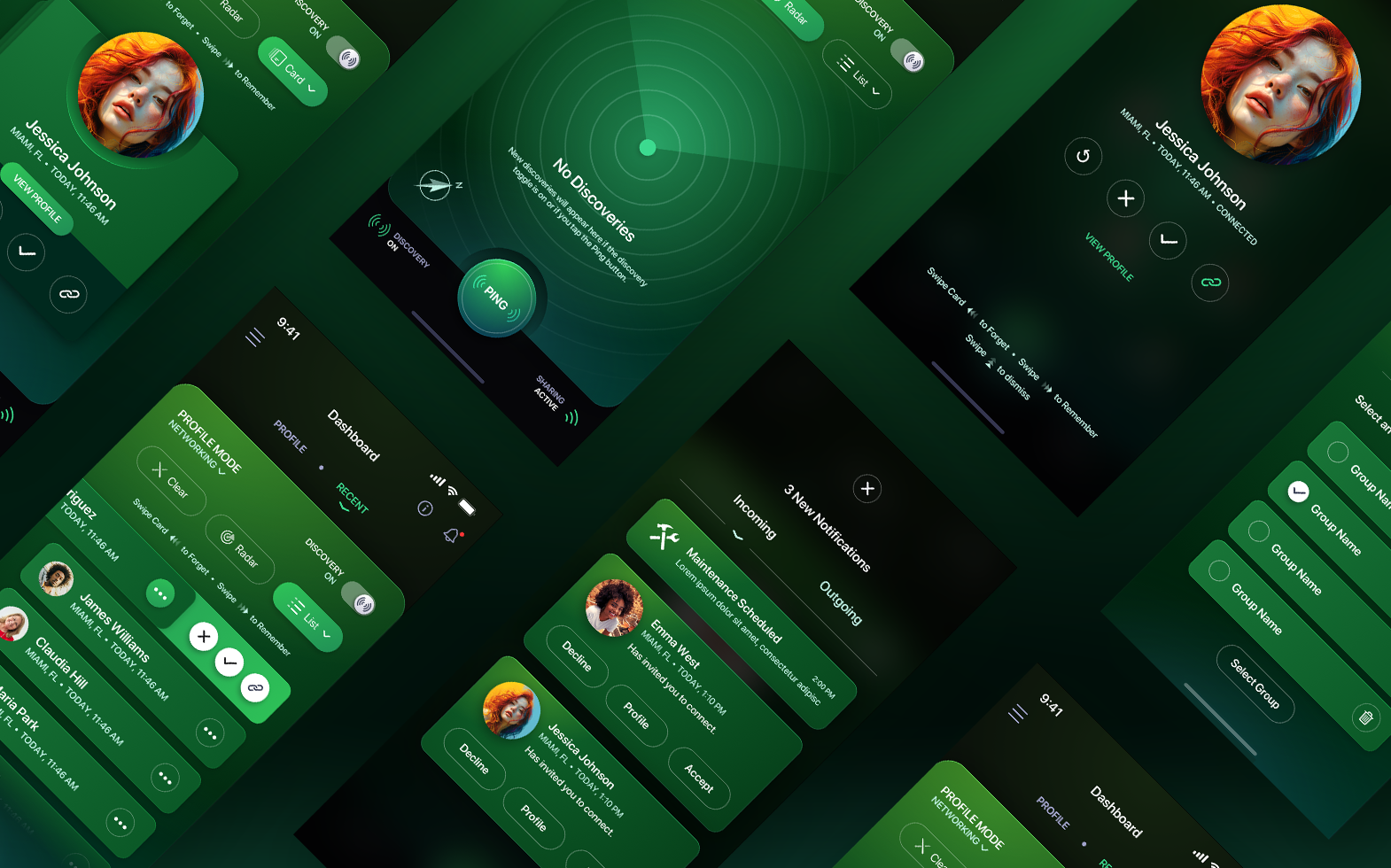 Recognize Me social media mobile app dark mode UI design in deep emerald colorway