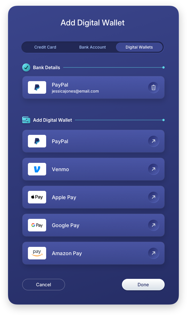Fintech UI/UX Design - Create an Account - Add Digital Wallet - Web App by The Skins Factory