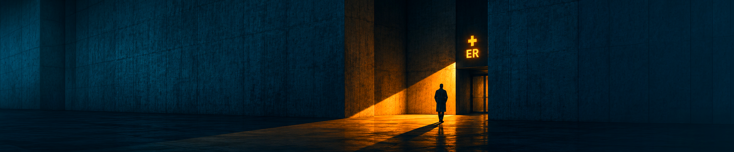 How do you redesign a healthcare provider portal? A clinician approaches a hospital entrance through a dramatic orange-lit healthcare environment