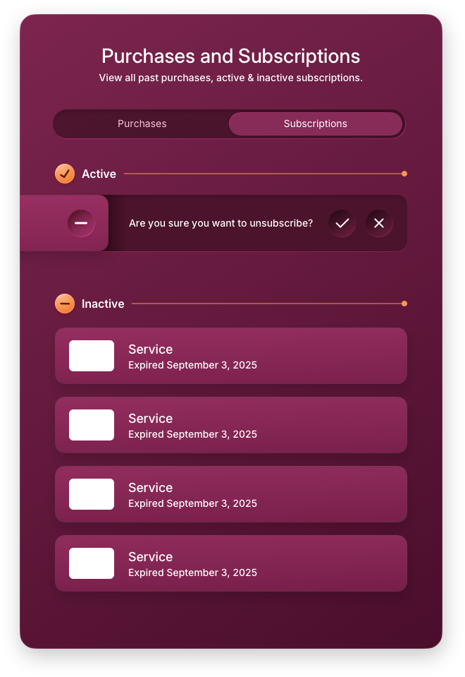 Fintech UI/UX Design - Profile - Subscriptions Unsubscribe Panel - Web App by The Skins Factory