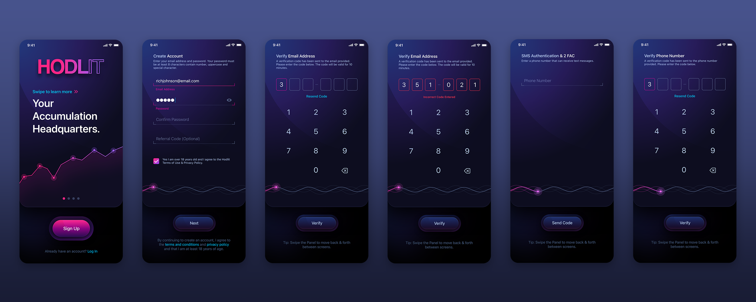 HODLIT onboarding interface screens, series one