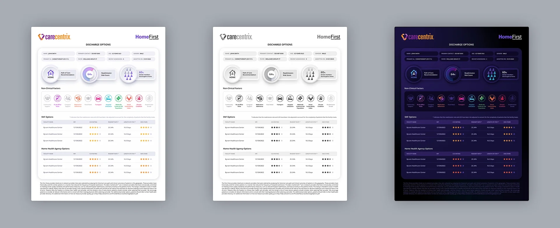 CareCentrix discharge document designs in color, black and white, and tablet dark mode