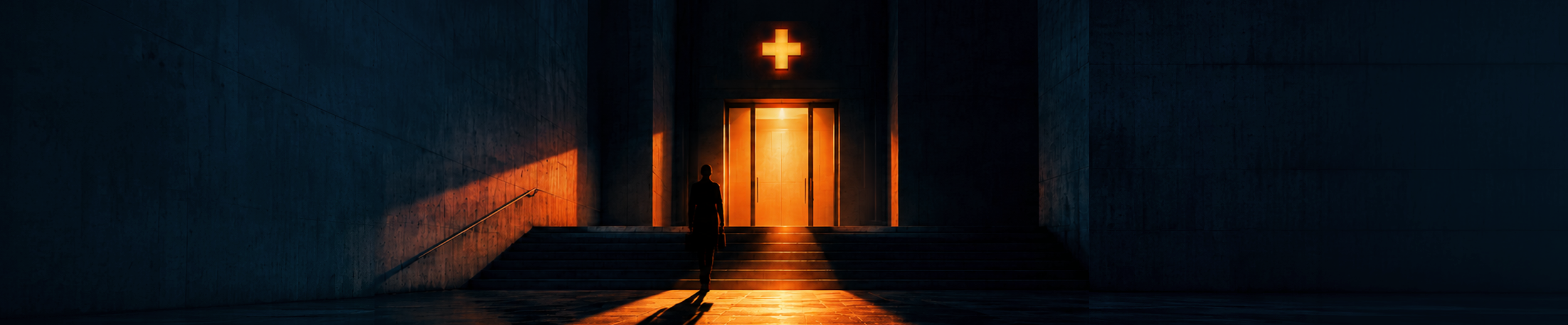 How much does a healthcare app redesign cost? A shadowed figure approaches a brutalist hospital entrance illuminated by warm orange light
