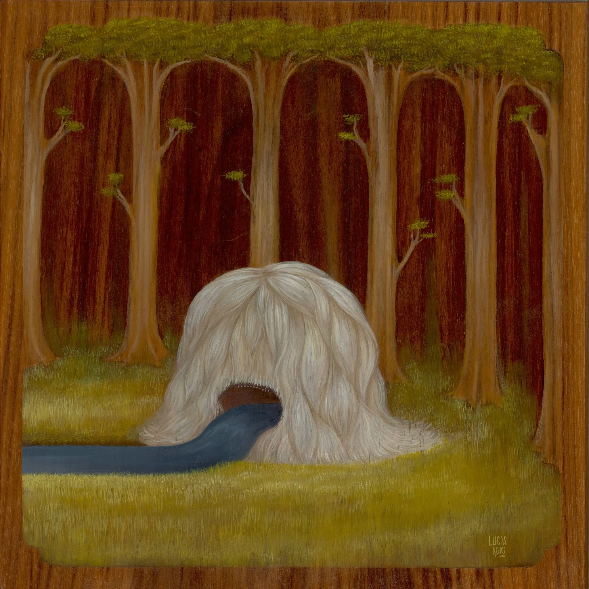 Painting of a person with gray hair, surrounded by trees with green foliage, brown trunks, and a brown background. 
