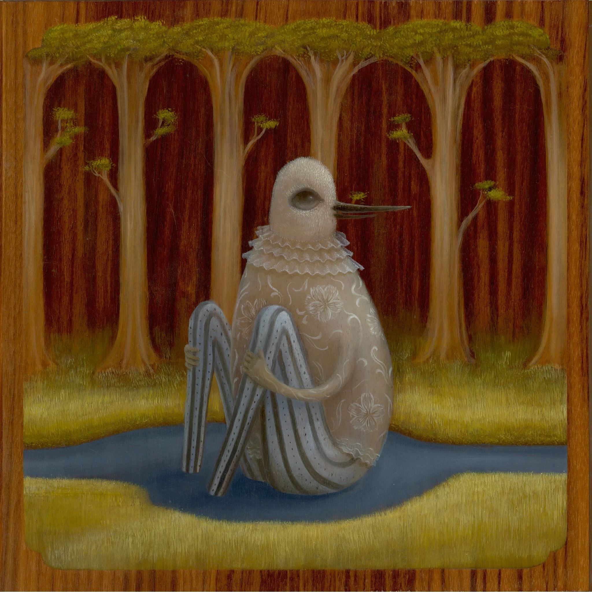 Painting of a bird with a long beak and white feathers, standing in front of stylized trees with green foliage and a blue background.