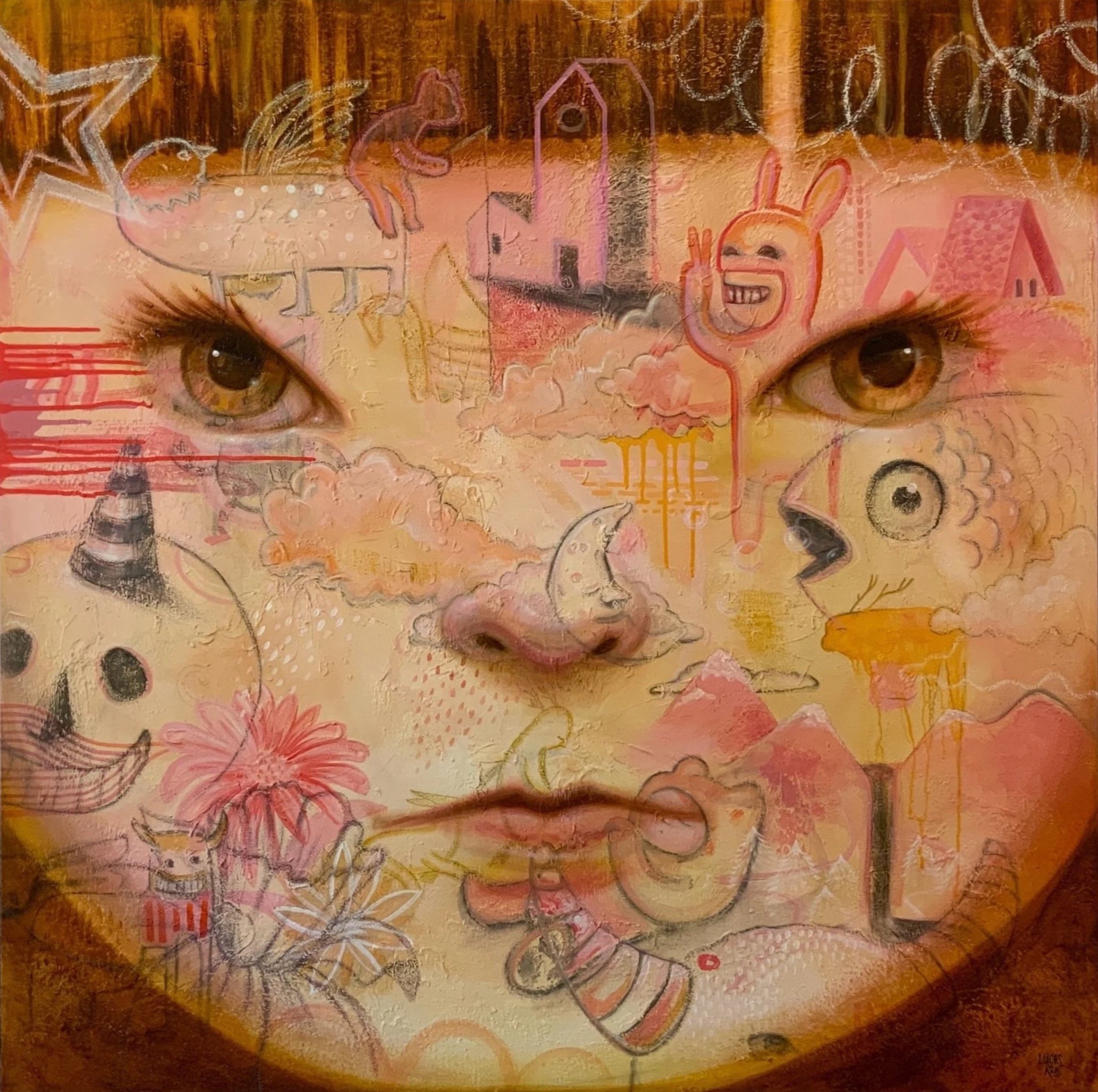 Close-up of an abstract painting. The artwork features children's drawings of animals, a house, and a smiling character with large eyes. The background is textured with various shades of pink, orange, and brown.