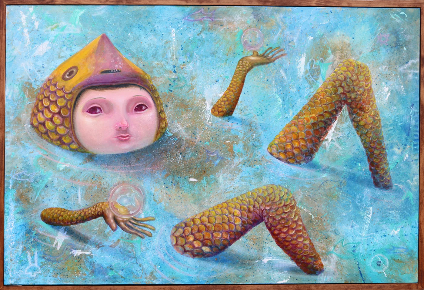 Surreal artwork of a humanoid face with fish scales wearing a fish head, floating in water surrounded by abstract water.