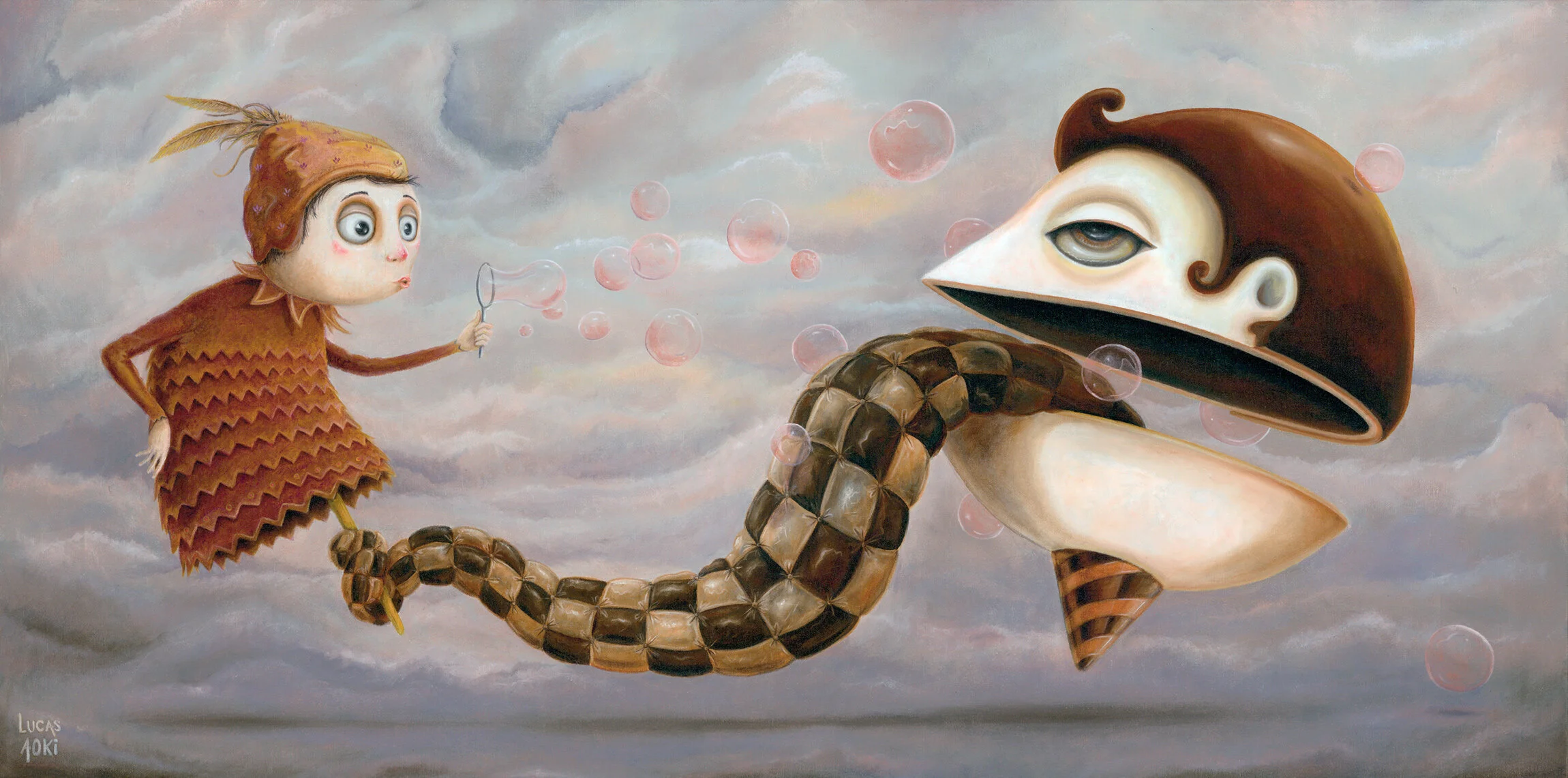A surreal painting of a child with large eyes, short dark hair, wearing a brown zigzag patterned outfit and a hat with feathers, blowing bubbles while sitting on a large, stylized snake with a fish head. The background features a cloudy sky with pink