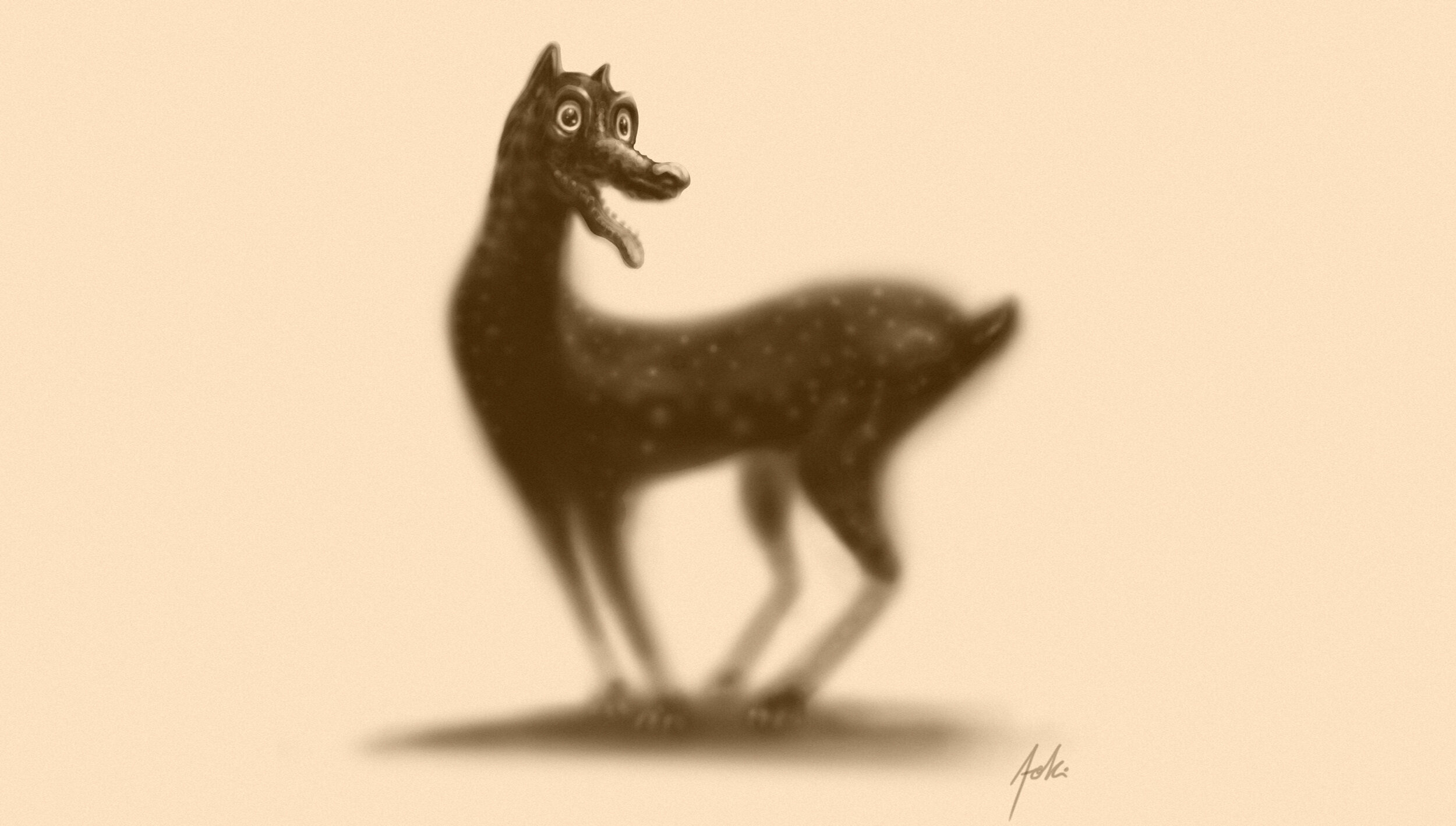 A small sculpture of a dog with an elongated body standing on a base, captured in a sepia tone.