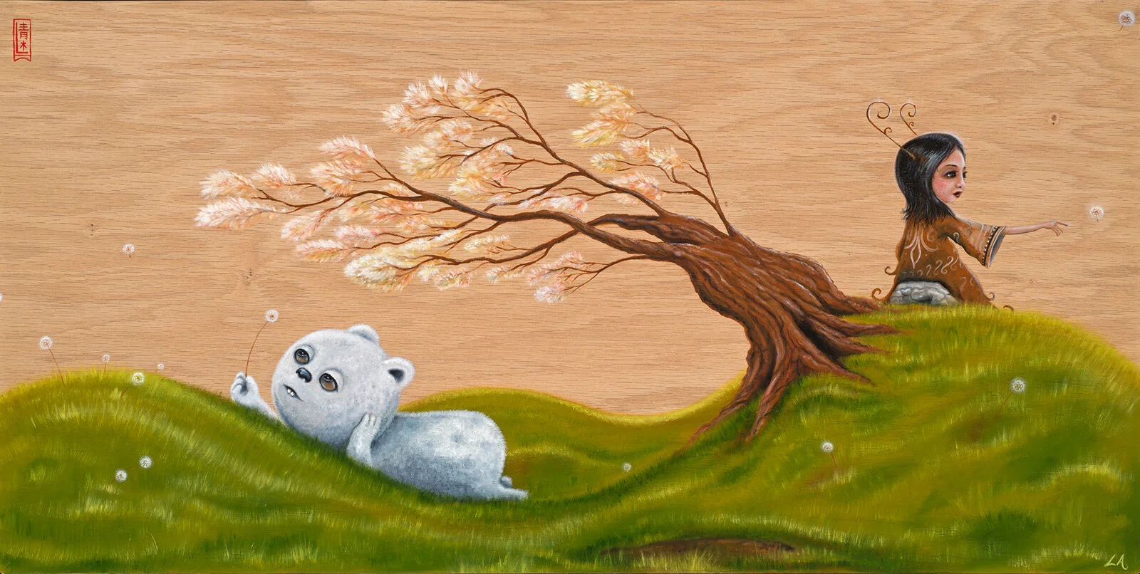 A whimsical painting showing a small girl with butterfly antennae pointing forward, sitting on a grassy hill next to a cherry blossom tree. A curious white bear cub lies on the grass, gazing upward and holding a dandelion puff.