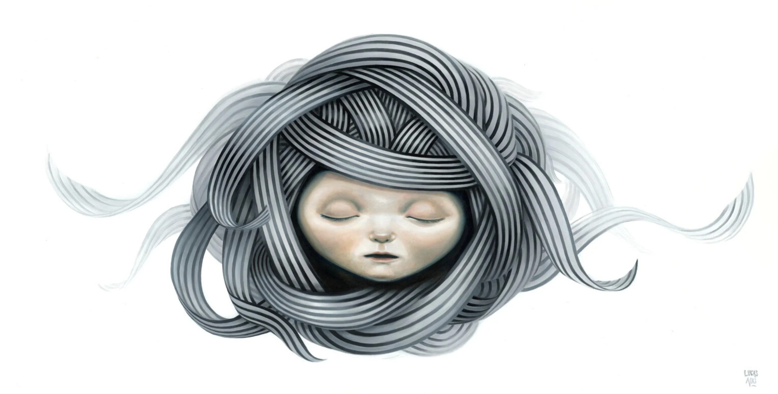 A surreal illustration of a young girl's face with closed eyes, surrounded by long, flowing black and white striped hair that forms a tangled, swirling pattern around her head.