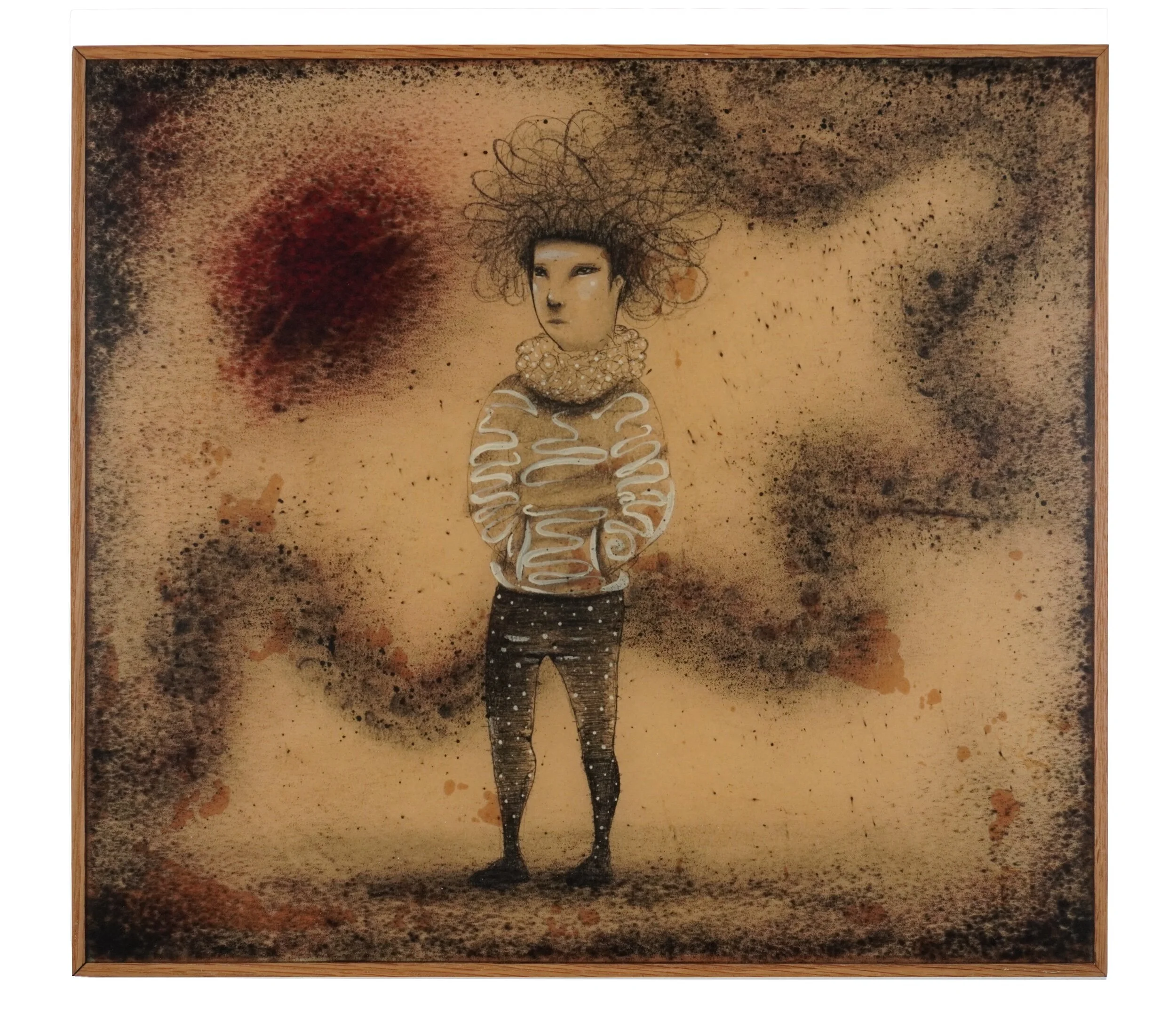 A mixed media artwork of a woman with curly, messy hair, wearing a necklace and long sleeve shirt, with abstract background consisting of spray paint and drips in earthy tones.