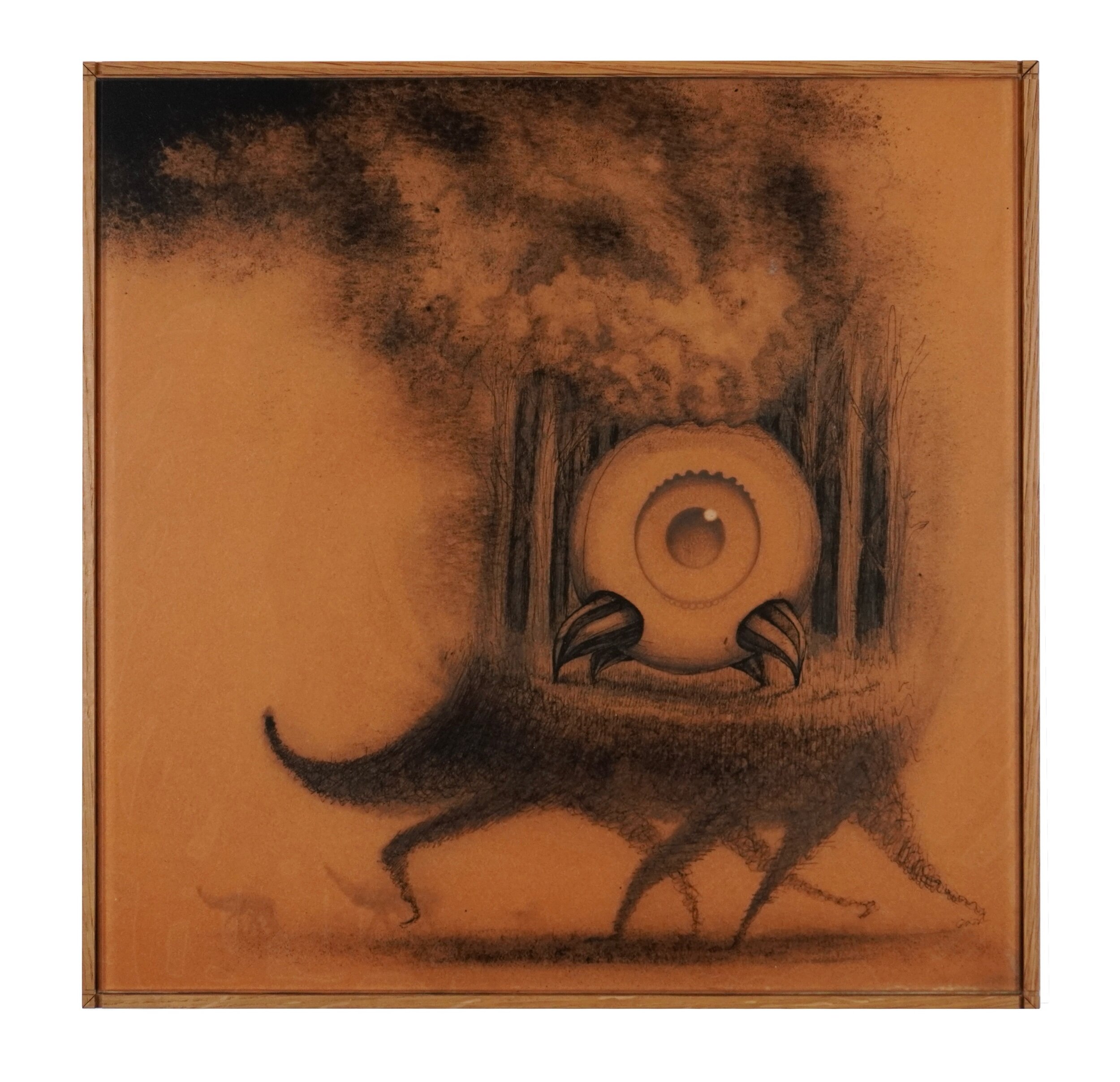 Framed artwork with a black and orange abstract pattern.