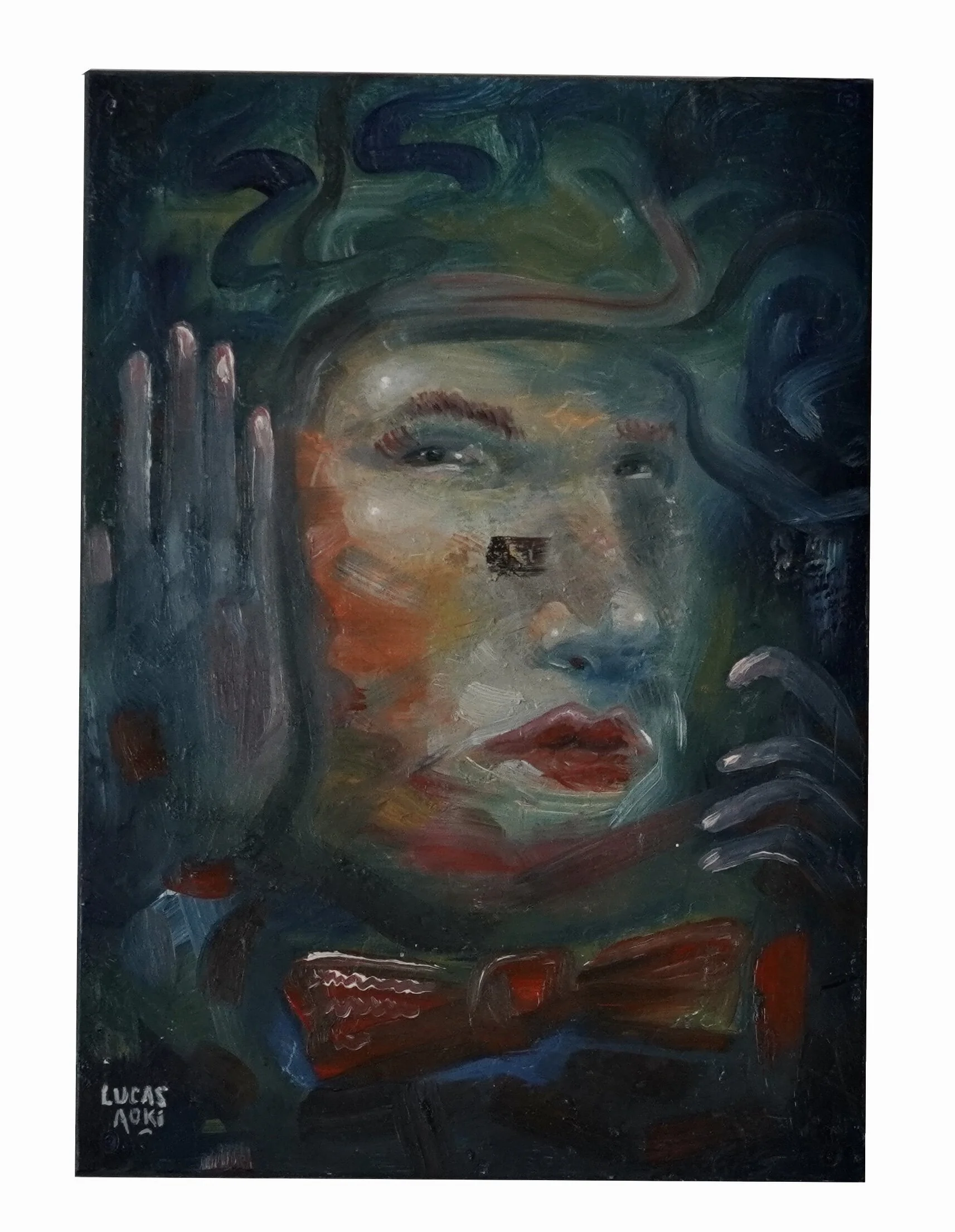 Abstract painting of a woman's face with flowing hair, featuring prominent lips, eyes, and eyebrows, painted in vibrant colors and bold brushstrokes.