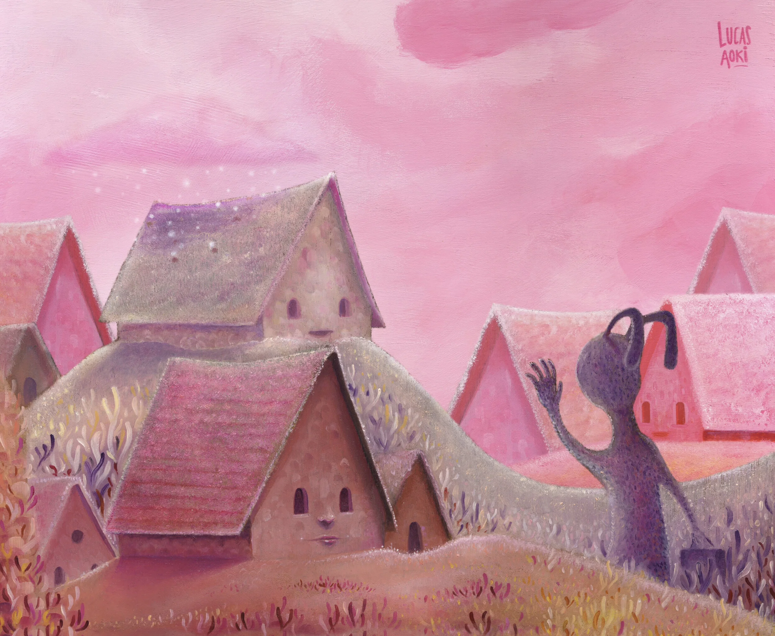 A painted scene of pink houses with pointed roofs, set against a pink sky with a large pink cloud and a patch of darker pink. There is a purple watering can and a garden fork in the foreground. The artist's signature, Lucas Aoki, is in the top right 