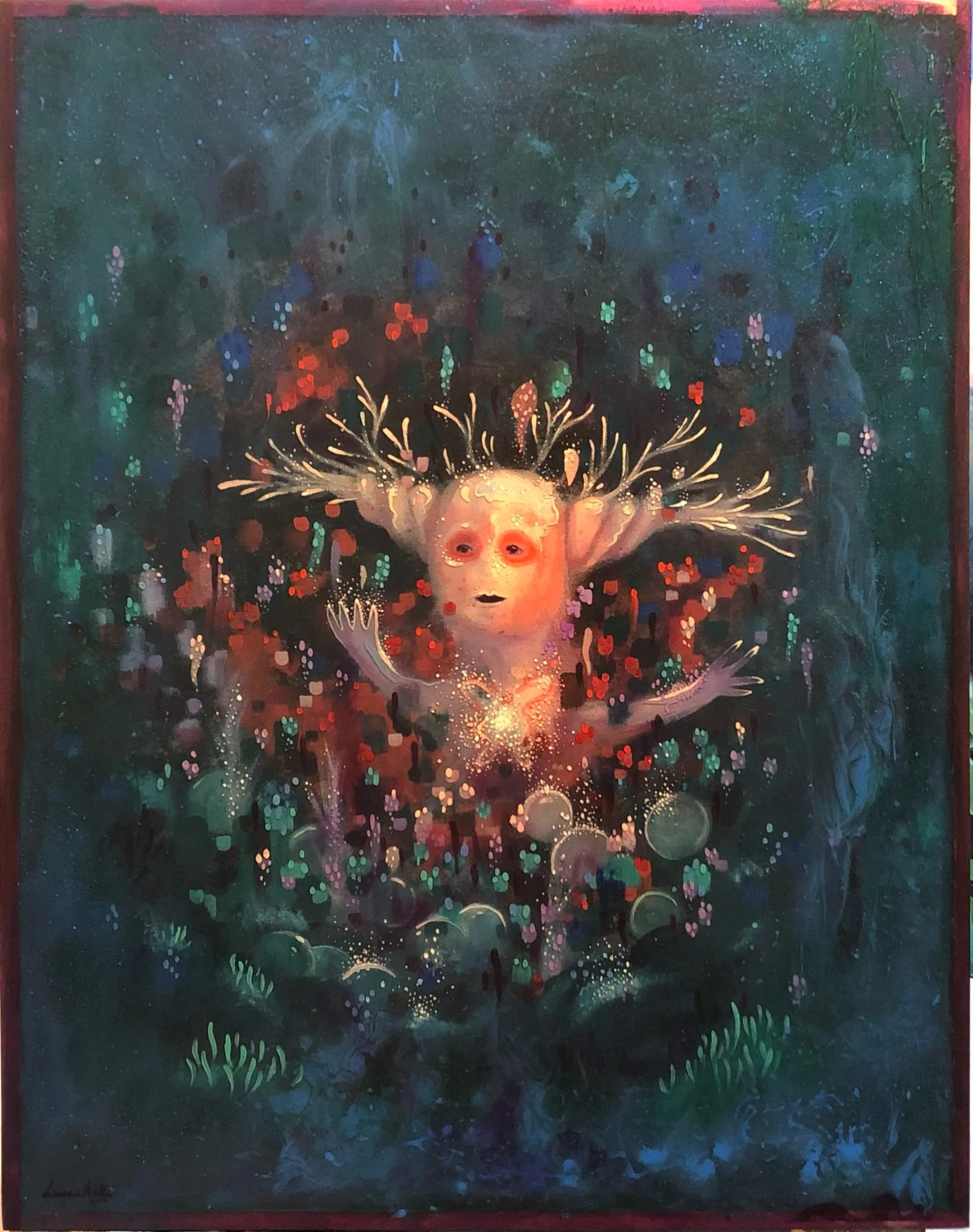 An abstract painting with a dark background featuring a glowing, ethereal face surrounded by colorful, floating dots and light effects, with grass-like shapes at the bottom.