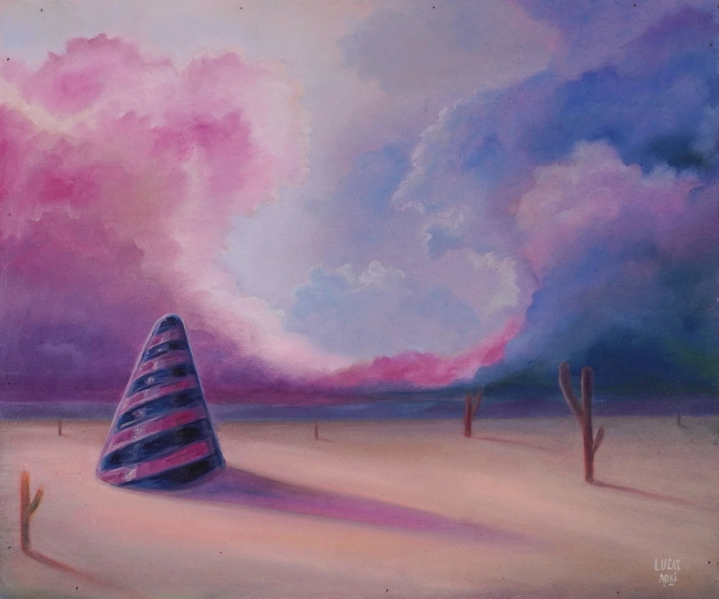 A colorful sky with shades of pink, purple, and blue at sunset or sunrise, with a ladder and a cone-shaped structure in the foreground, and two trees on the right side.