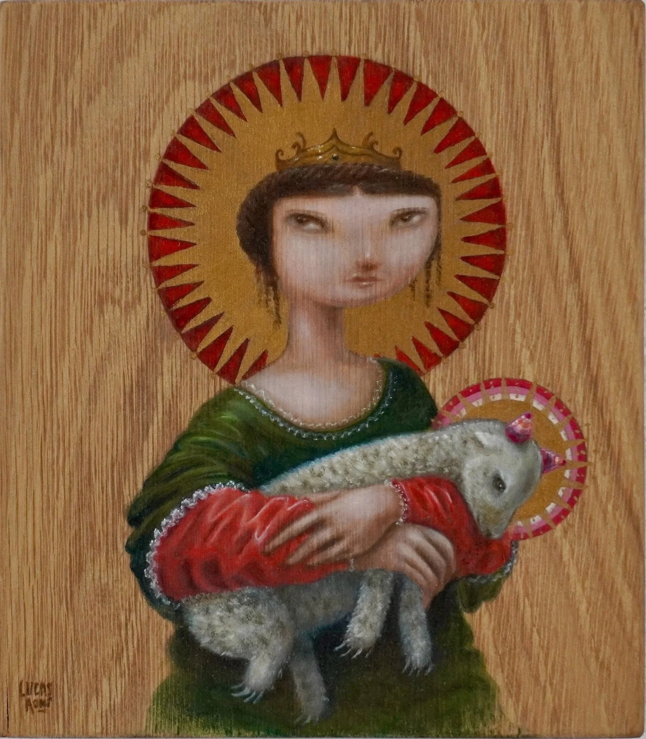 A painting of a woman with short dark hair, wearing a crown, standing with a lamb. The woman is dressed in traditional clothing, with red, green, and embroidered details. The background features a circular golden halo with red spikes.