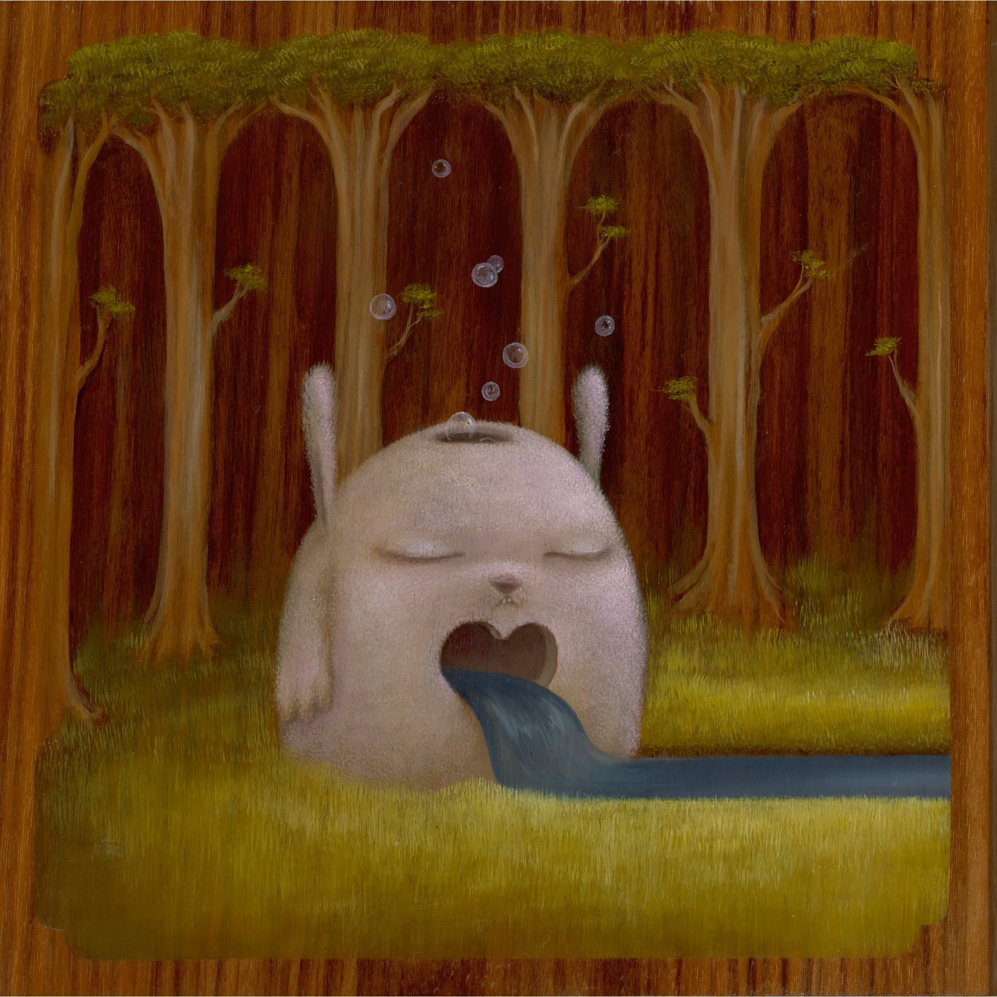 Painted wooden surface with abstract art featuring warm colors, green foliage, and floating spheres