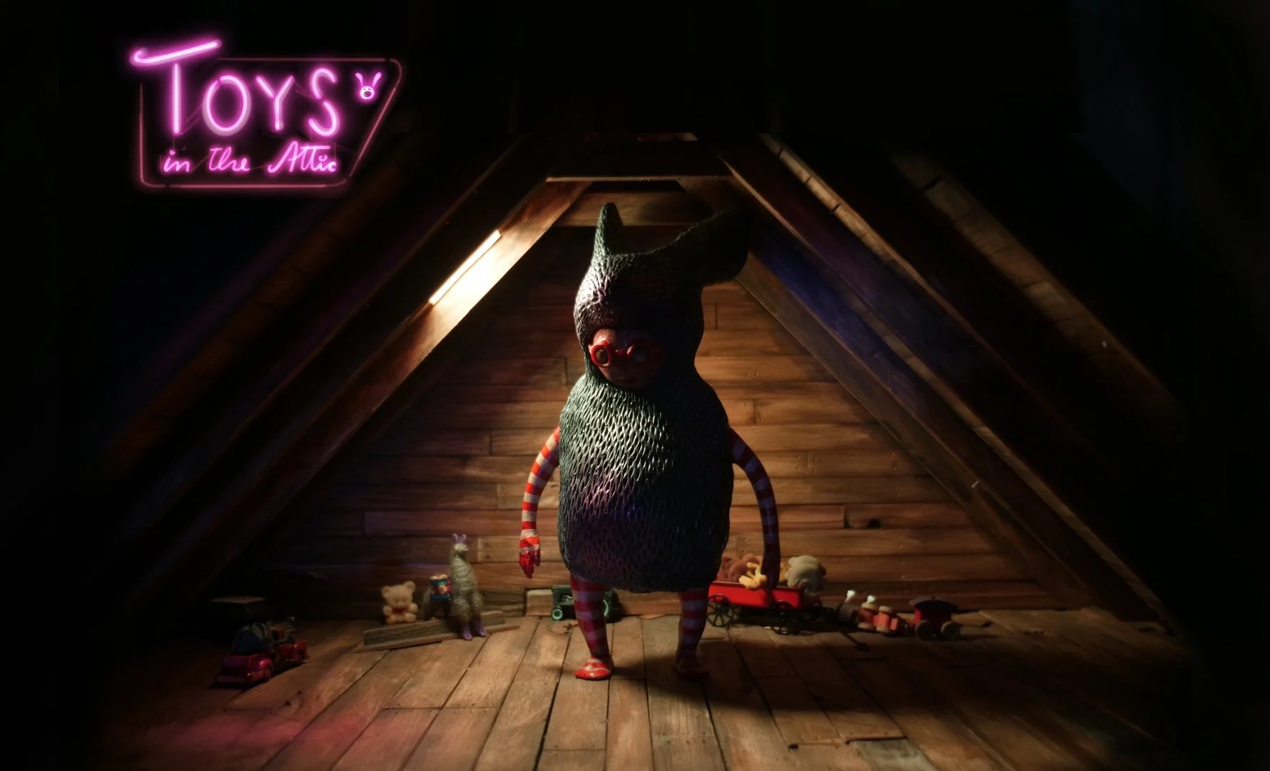 A stuffed cartoonish animal with a large head, big red eyes, and striped red and white legs, standing in a dimly lit attic decorated with toys and a neon sign that reads 'TOYS in the Attic.'