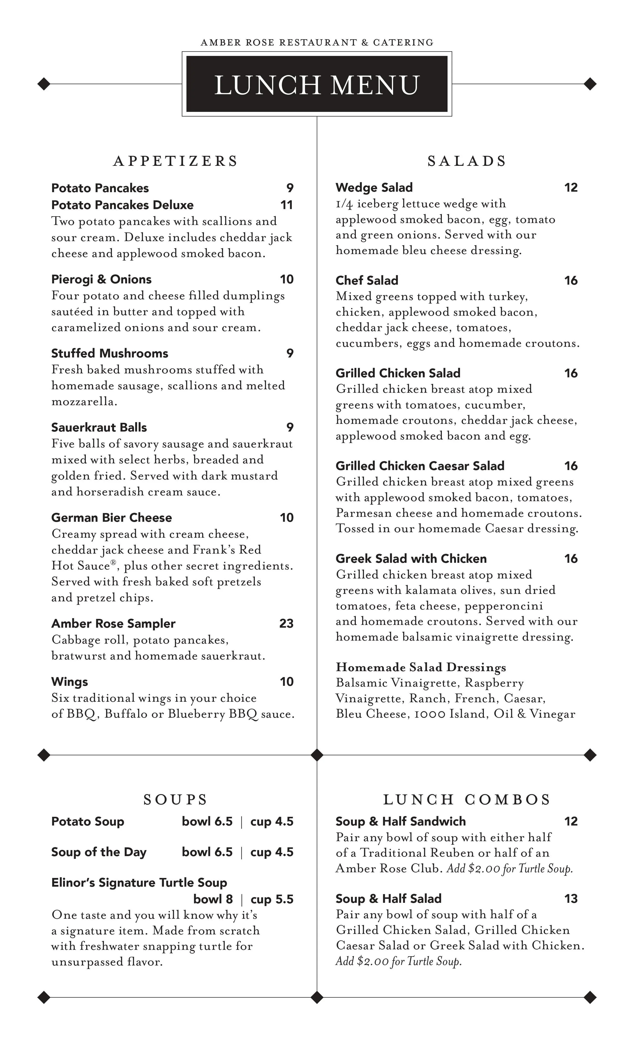 Lunch Menu — Amber Rose Restaurant