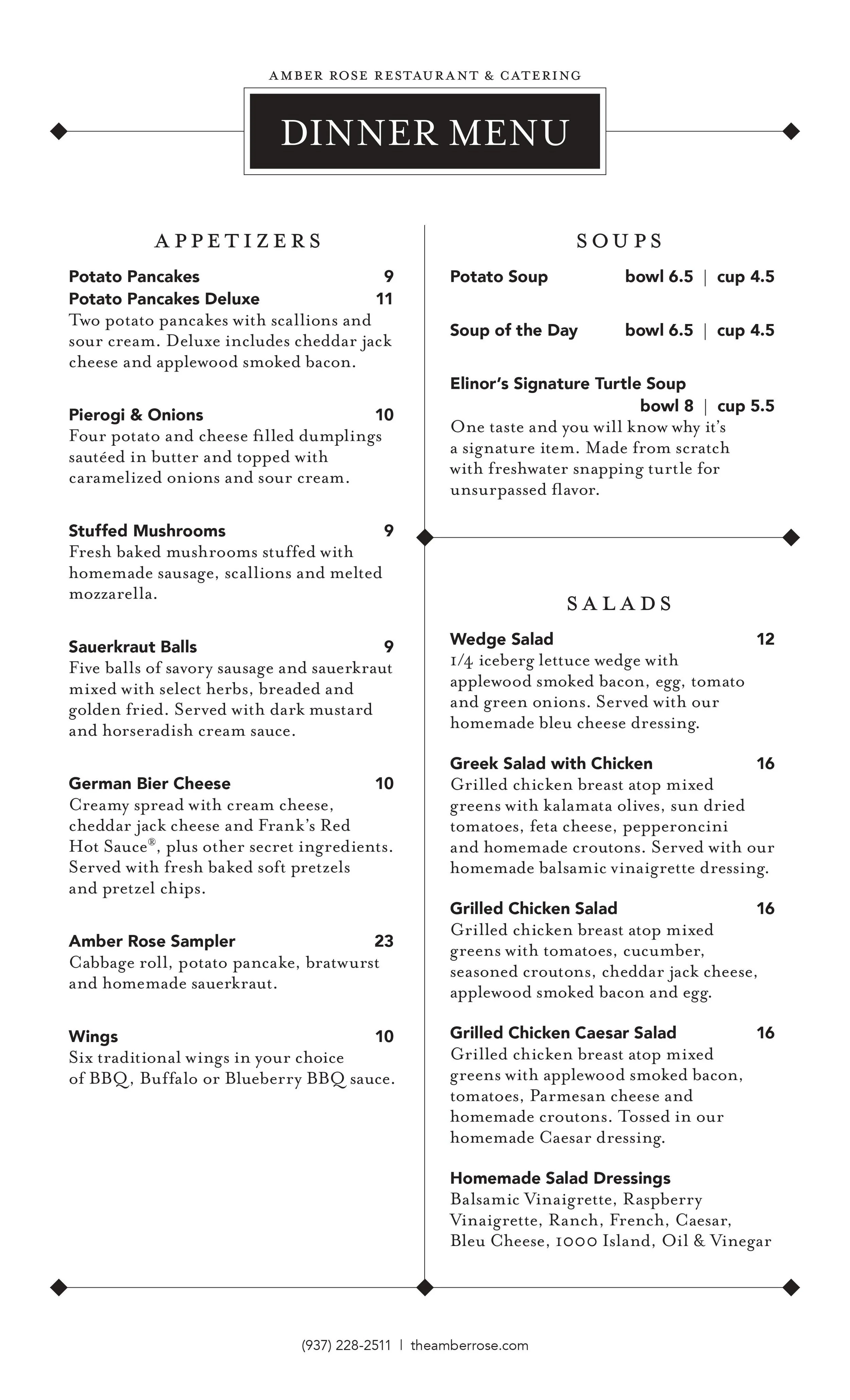 Dinner Menu — Amber Rose Restaurant