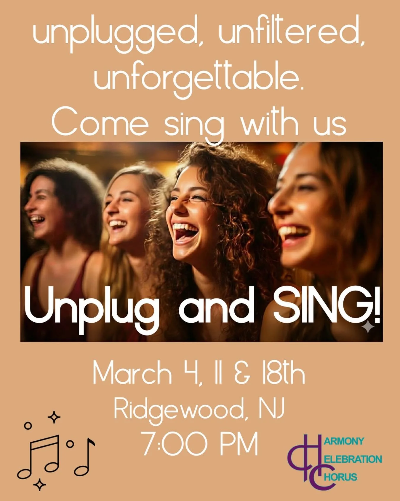 Join us for Unplug and Sing, a special guest program night designed to help you disconnect from the digital noise and reconnect with yourself and a community that vibrates with life. 

No experience needed, no stress&mdash;just voices in harmony.

Ma