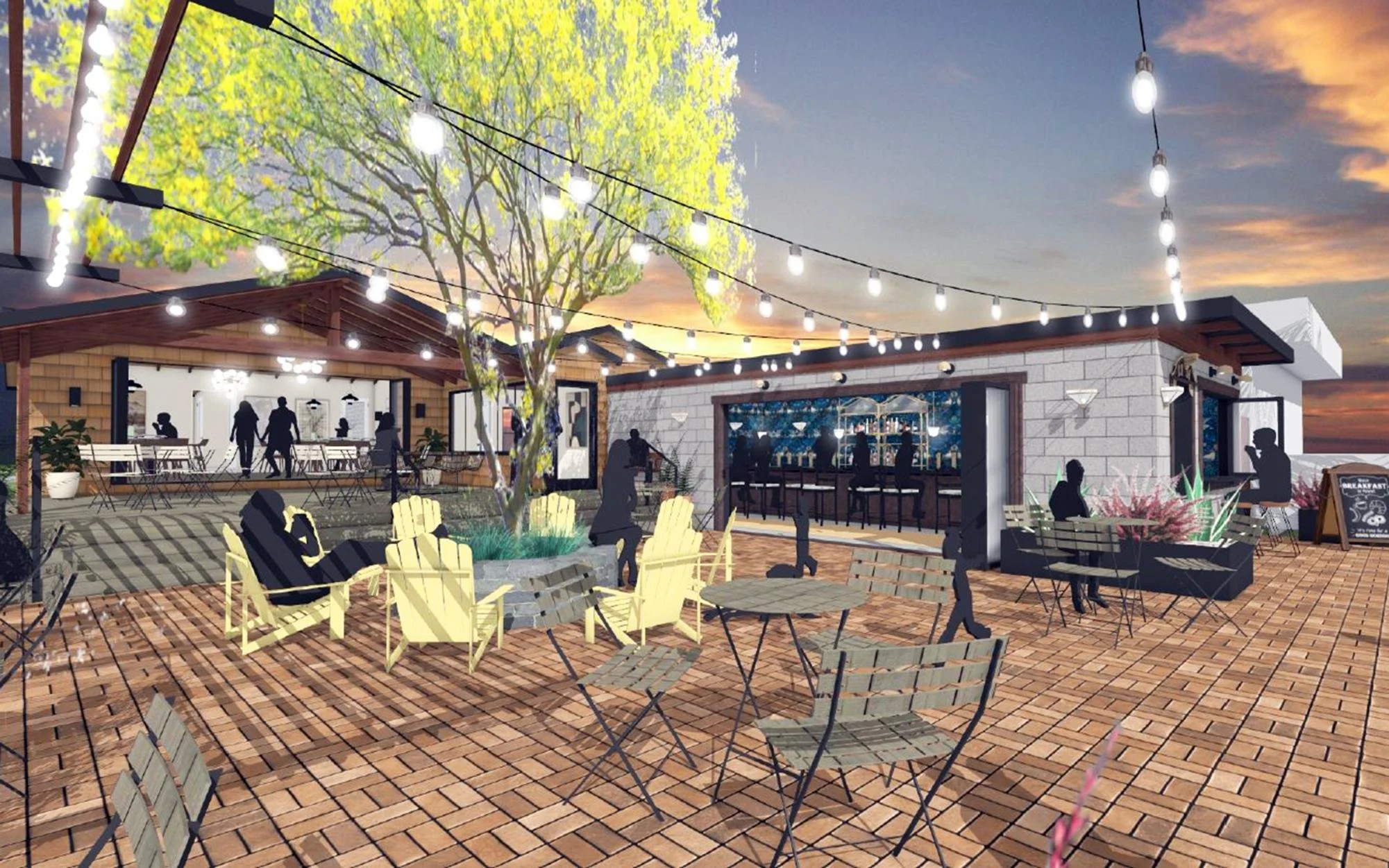 An outdoor patio area with string lights, wooden and brick structures, trees, and seating for dining or relaxing at sunset.
