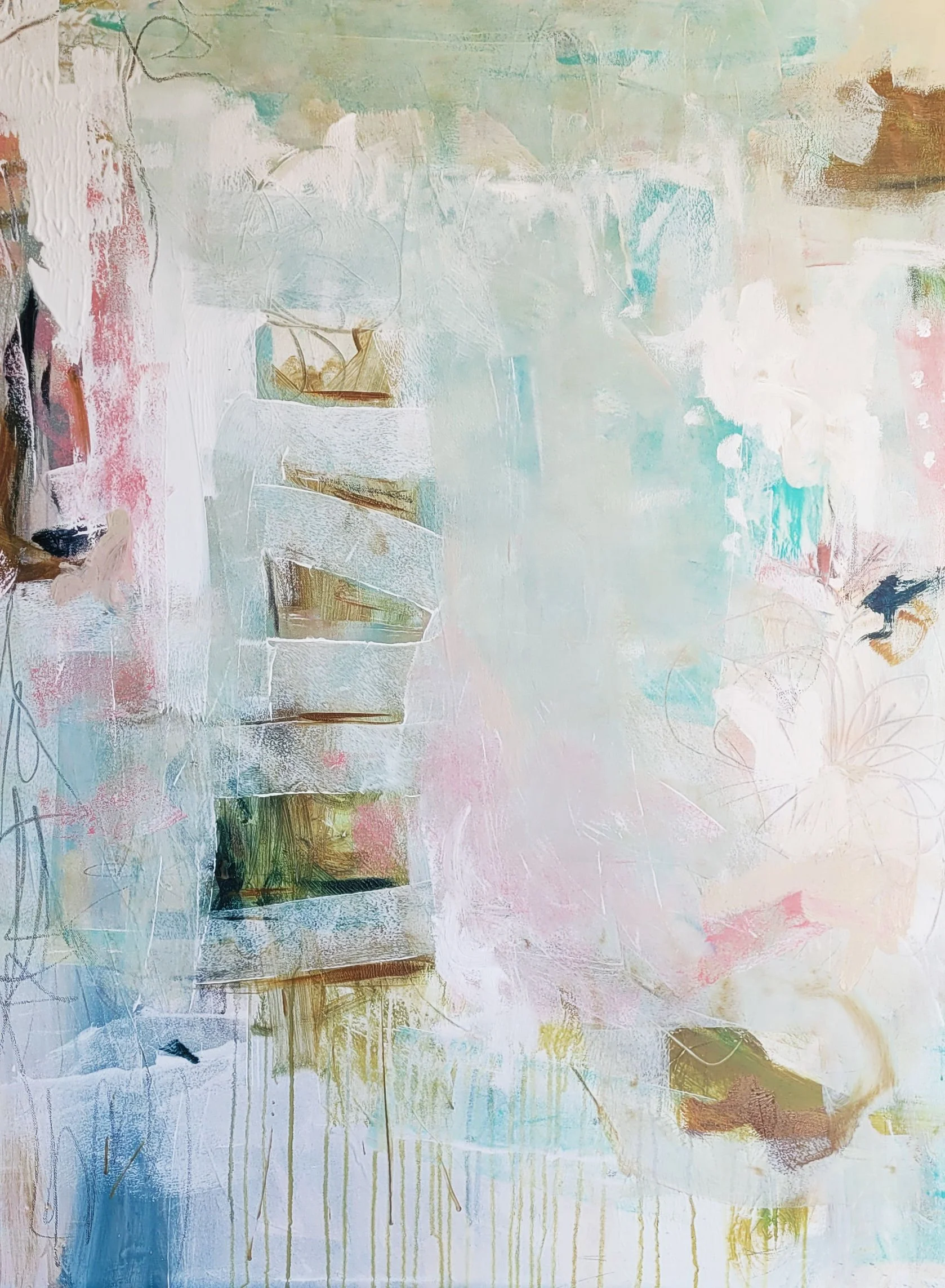 When Summer Came by Nikol Wikman. Abstract painting with pastel colors, textured white and gold streaks, and hints of pink and blue.