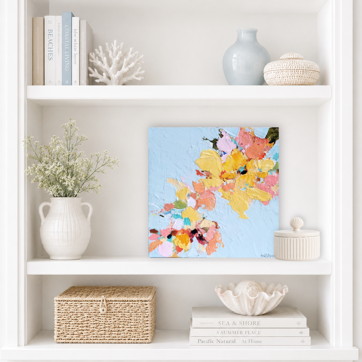 Feels Like Sunshine ABstract floral painting styled on bookshelf.png