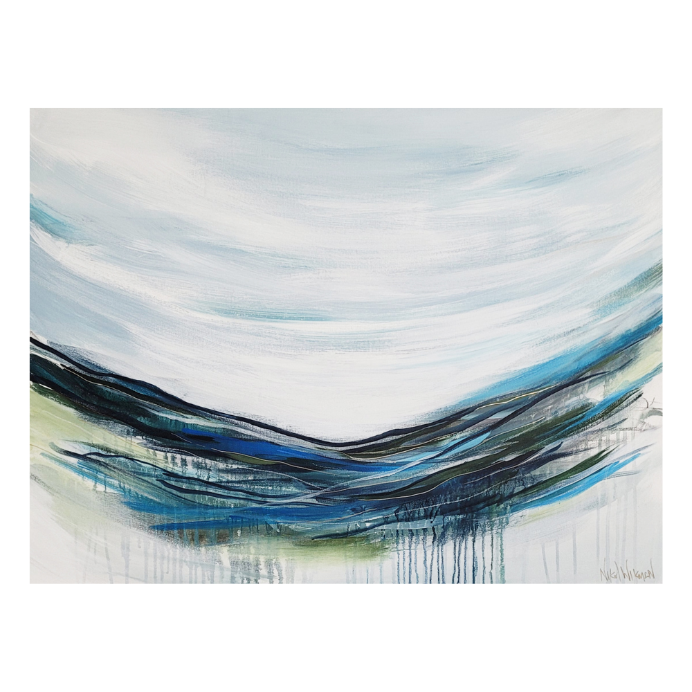 Artist Nikol Wikman is painting an abstract artwork on a canvas with various colors and brushstrokes.