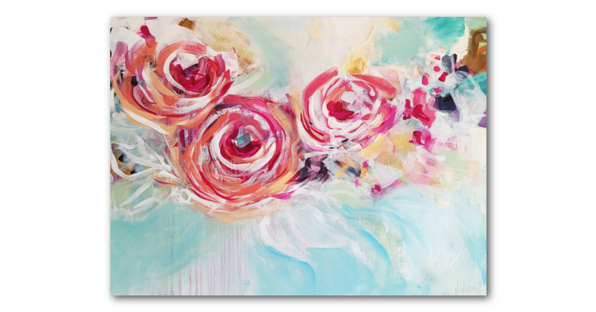 Abstract painting of pink and red roses with light blue and white background.
