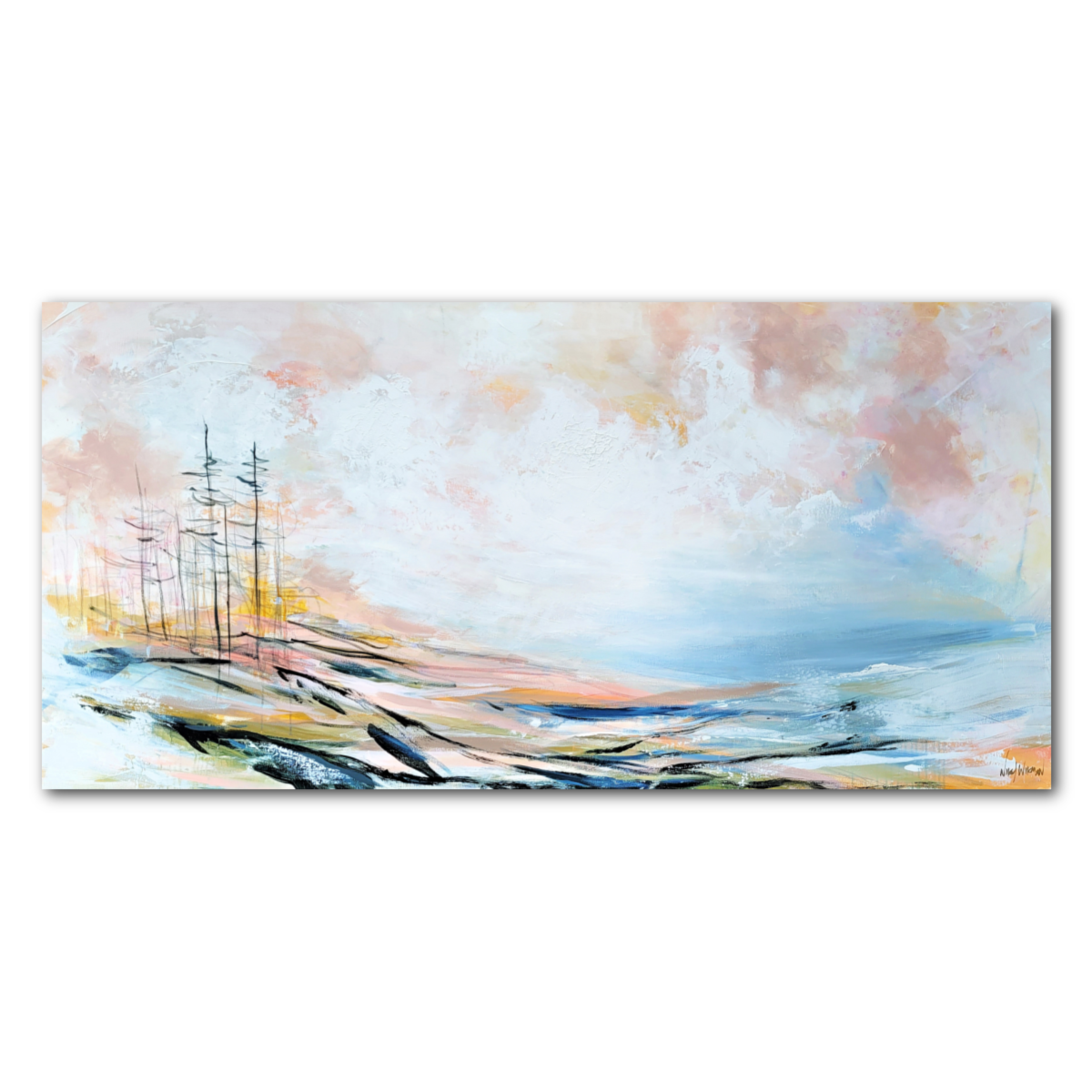 Nikol Wikman wearing a blue shirt and splattered paint pants is painting an abstract, textured canvas with neutral and pastel colors on an easel in a studio. Art supplies such as brushes, paints, and spray bottles are visible on a table.
