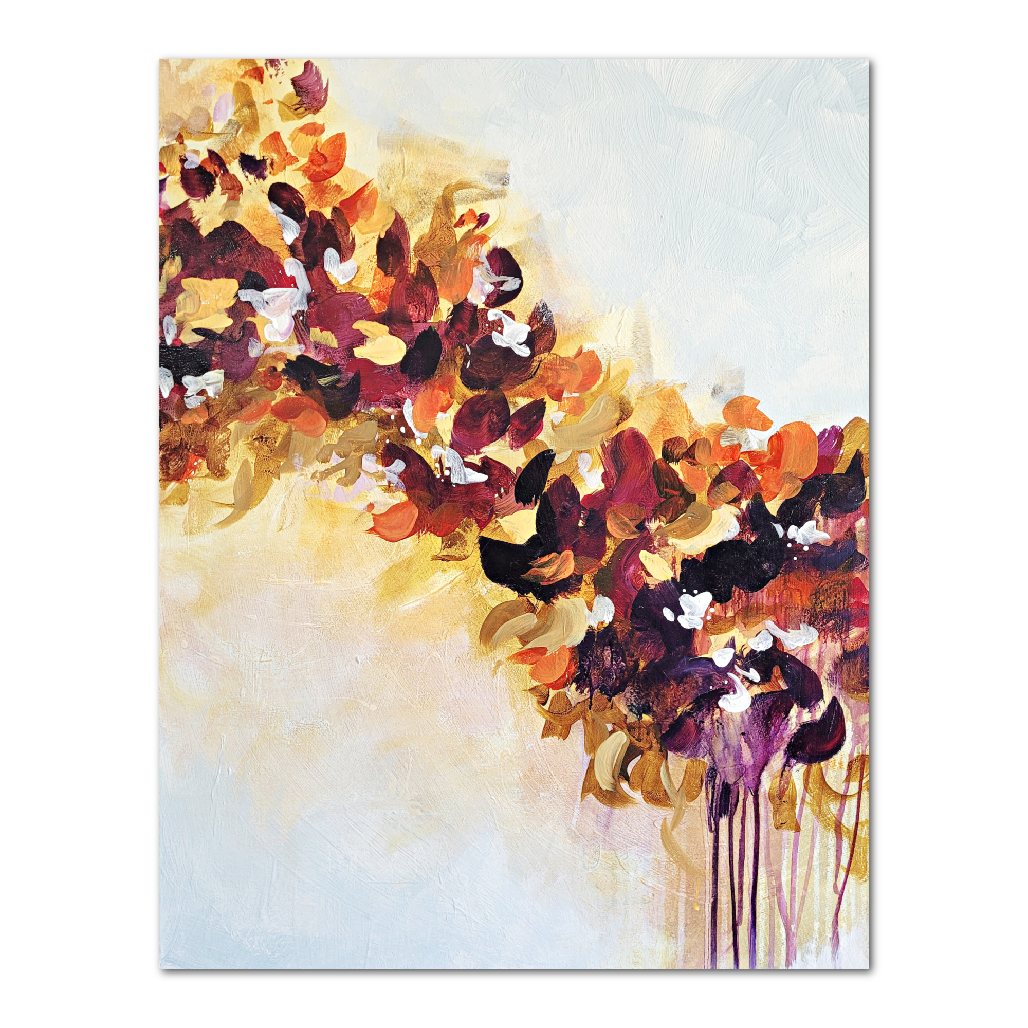Four abstract paintings by Nikol Wikman created with broad, colorful brushstrokes in black, blue, orange, beige, and green on white canvases, surrounded by paint bottles and palette with mixed paint colors.